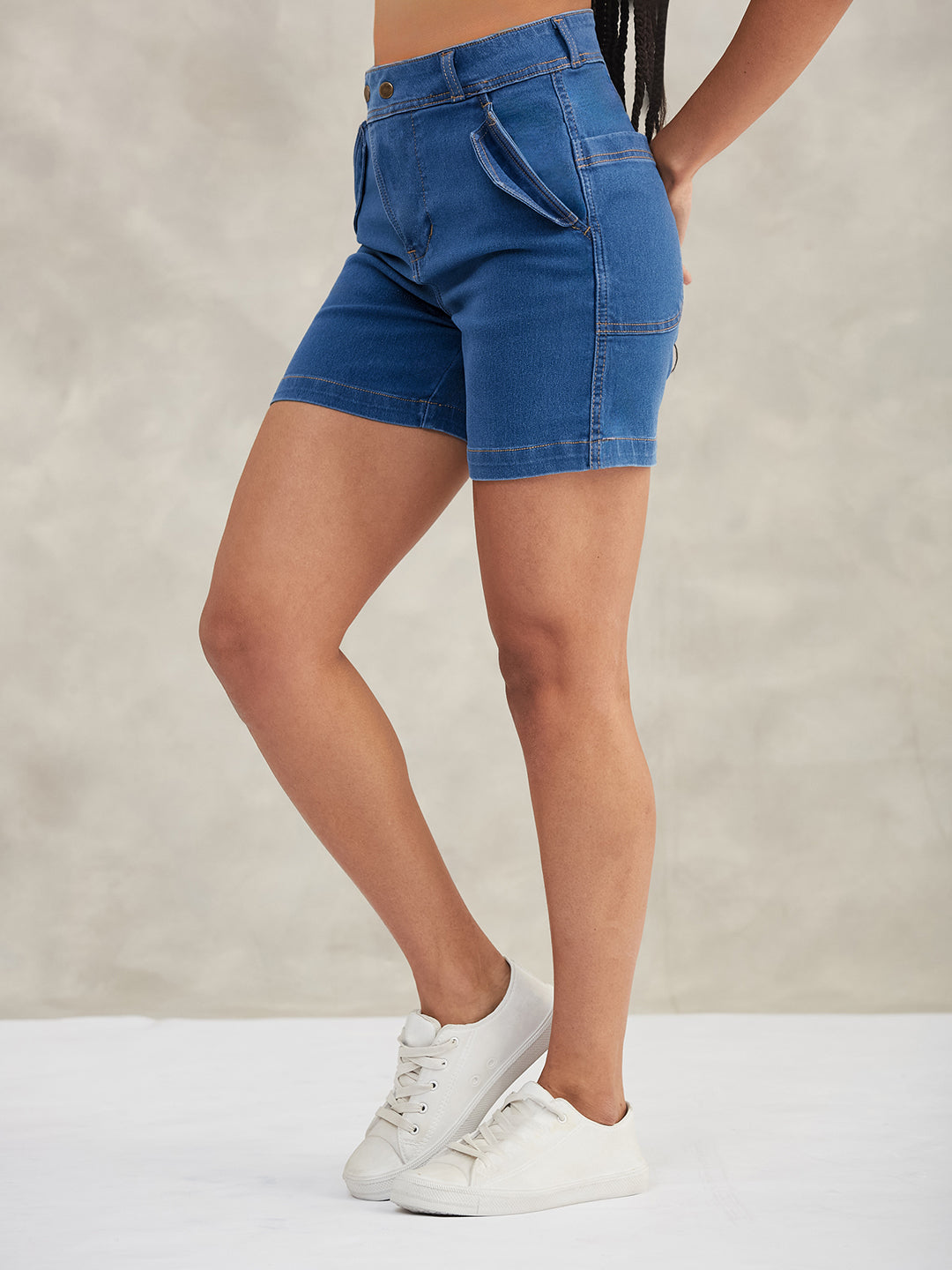 Women's Relaxed-Fit Mid-Rise Stretchable Blue Denim Bermuda Shorts