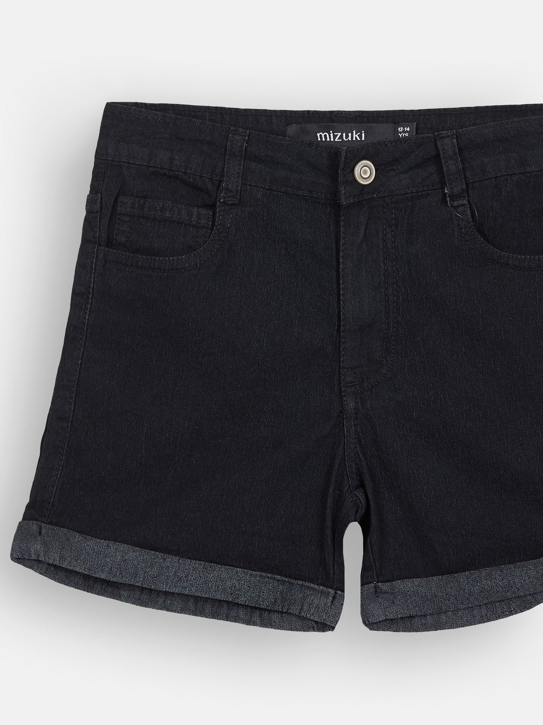 Black Relaxed-Fit Mid-Rise Clean-Look Regular-Length Stretchable Denim Shorts for Girls/Teenagers