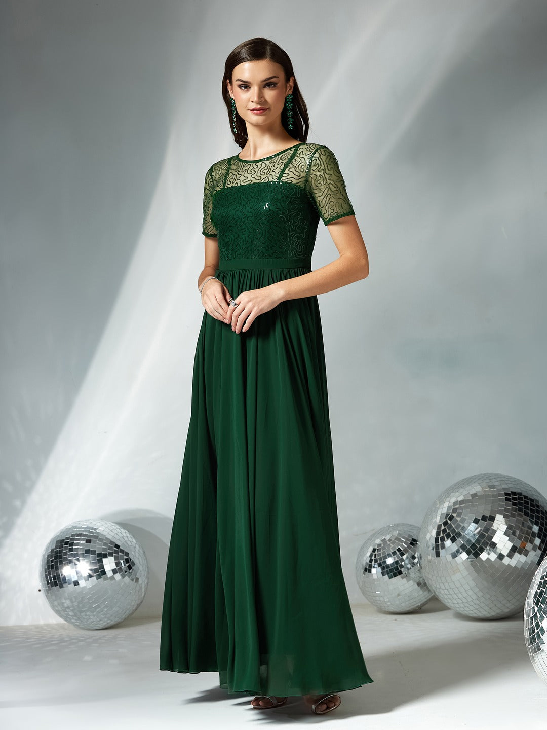 Dark Green Relaxed Fit Maxi Georgette & Sequins Dress for Women