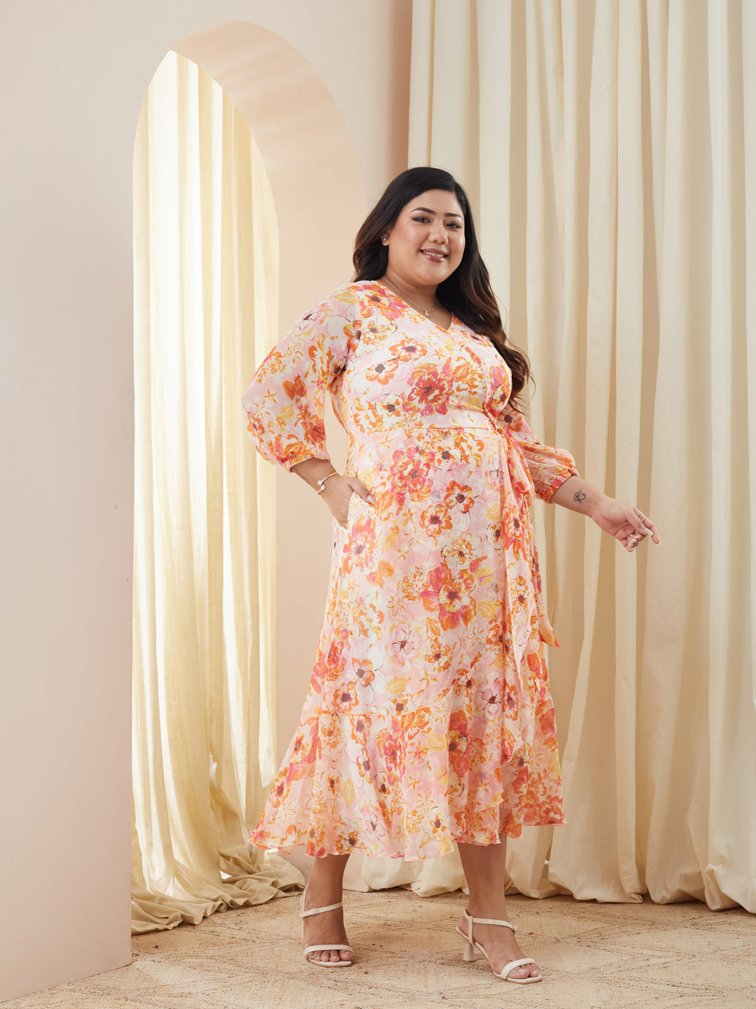 Pink & Orange V-Neck Bishop Floral Layered Chiffon Maxi Dress for Women