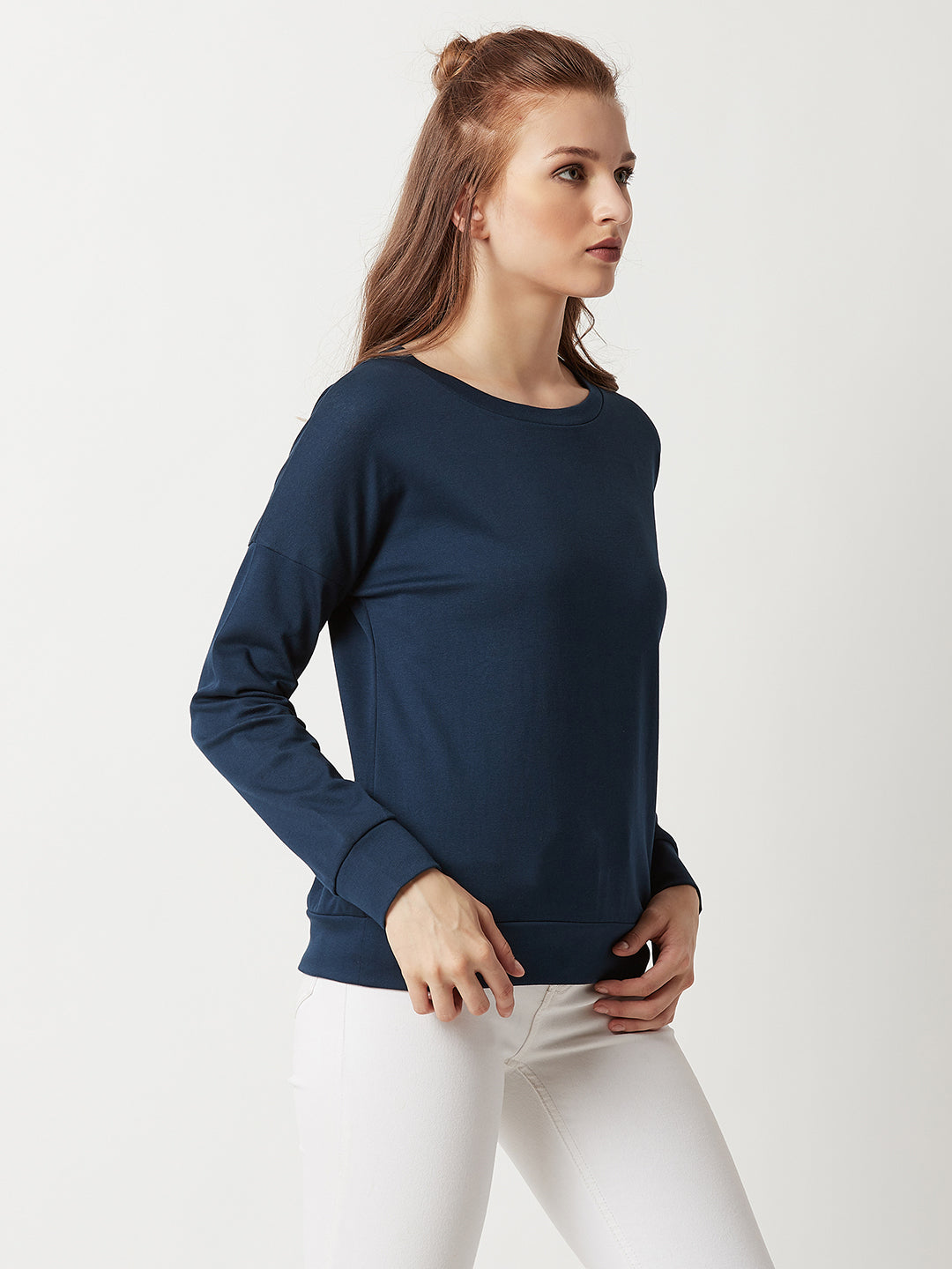 Navy-Blue Round Neck Solid Cotton Full Sleeves Boxy Sweatshirt for Women — Miss Chase