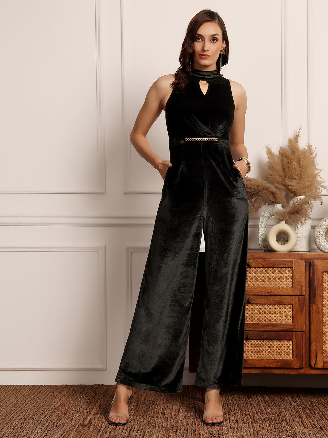 Women's Black Choker Neck Sleeveless Solid Pleated Regular Jumpsuit