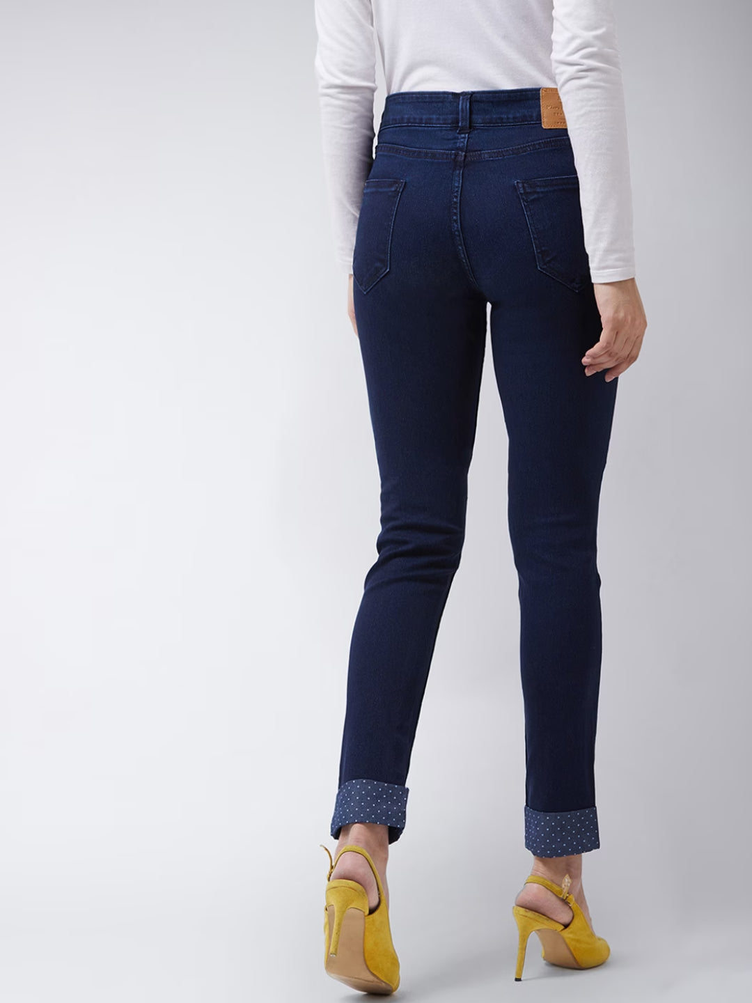 Women's Navy-Blue Skinny-Fit Mid-Rise Cropped Printed Turner Detailing Length Stretchable Denim Jeans