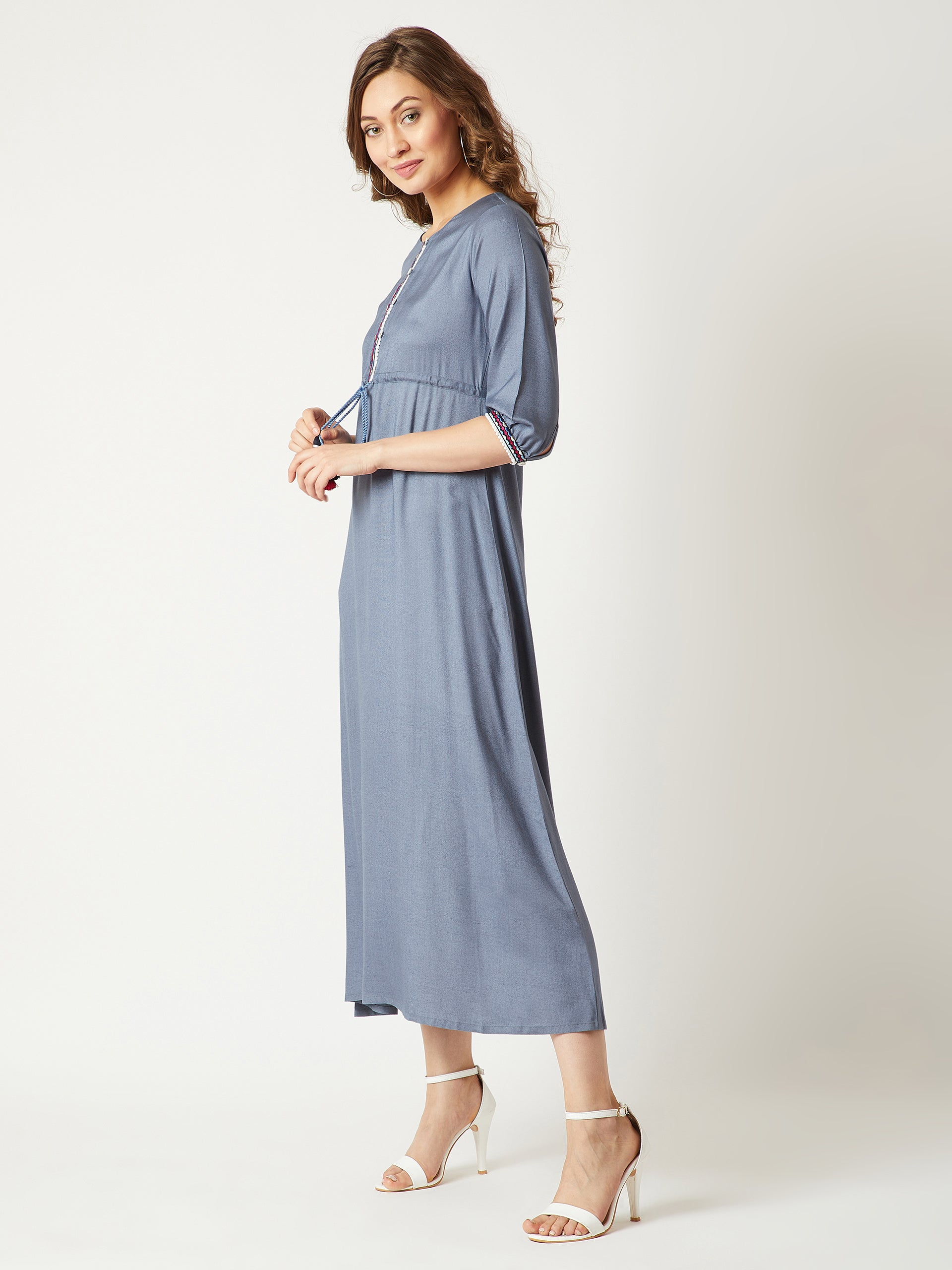 Steel Grey Round Neck Gathered 3/4 Sleeves Solid Embroidered And Tasseled Detailing Maxi Dress for Women