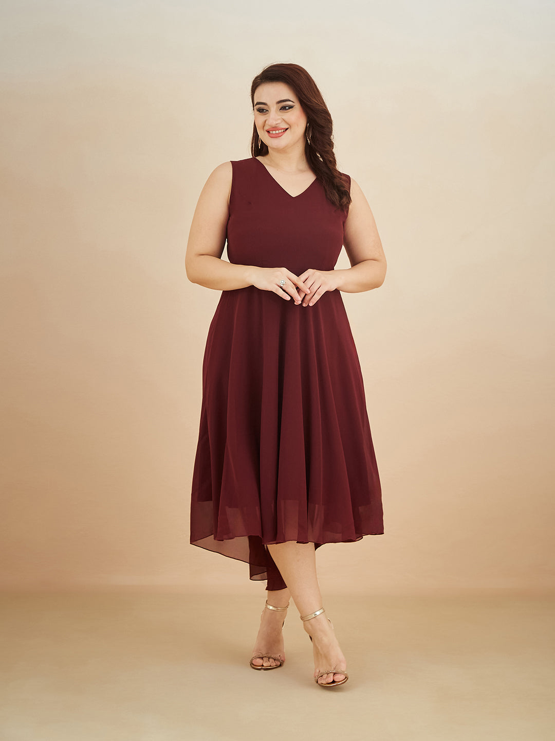 Wine Red V-Neck Sleeveless Solid High-Low Midi Skater Dress for Women — Miss Chase A+