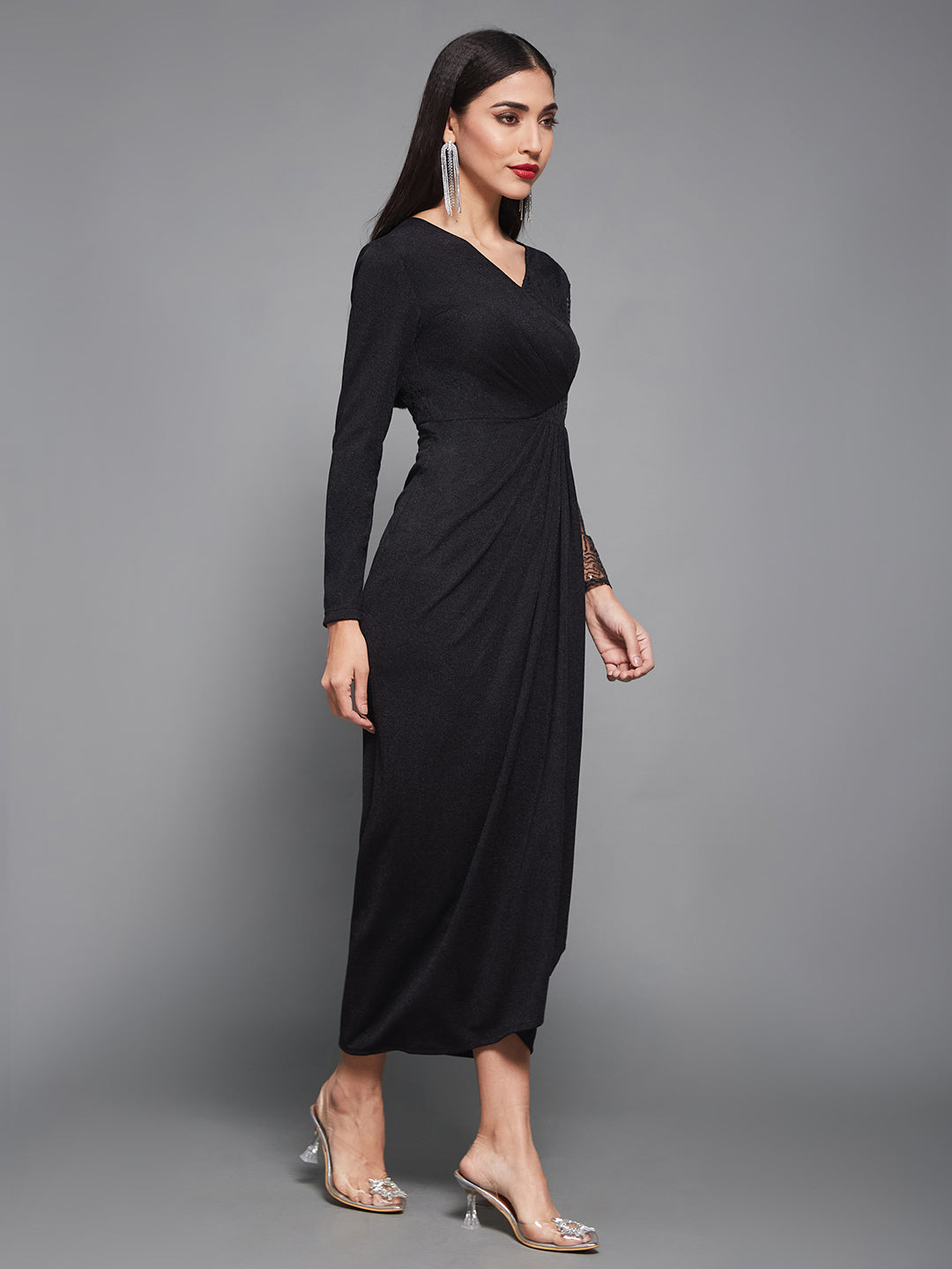 Black Sequinned Longline Maxi Dress Long Dress Frock for Women