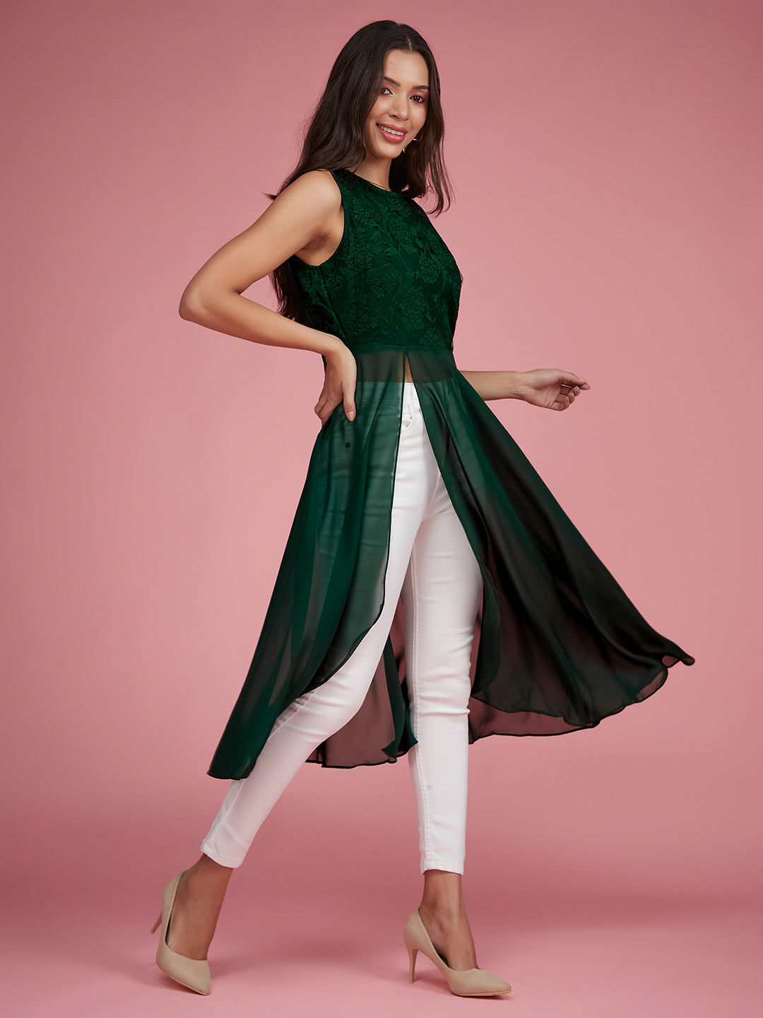 Women's Forest Green Round Neck Sleeveless Solid Lace Overlaid Maxi Top