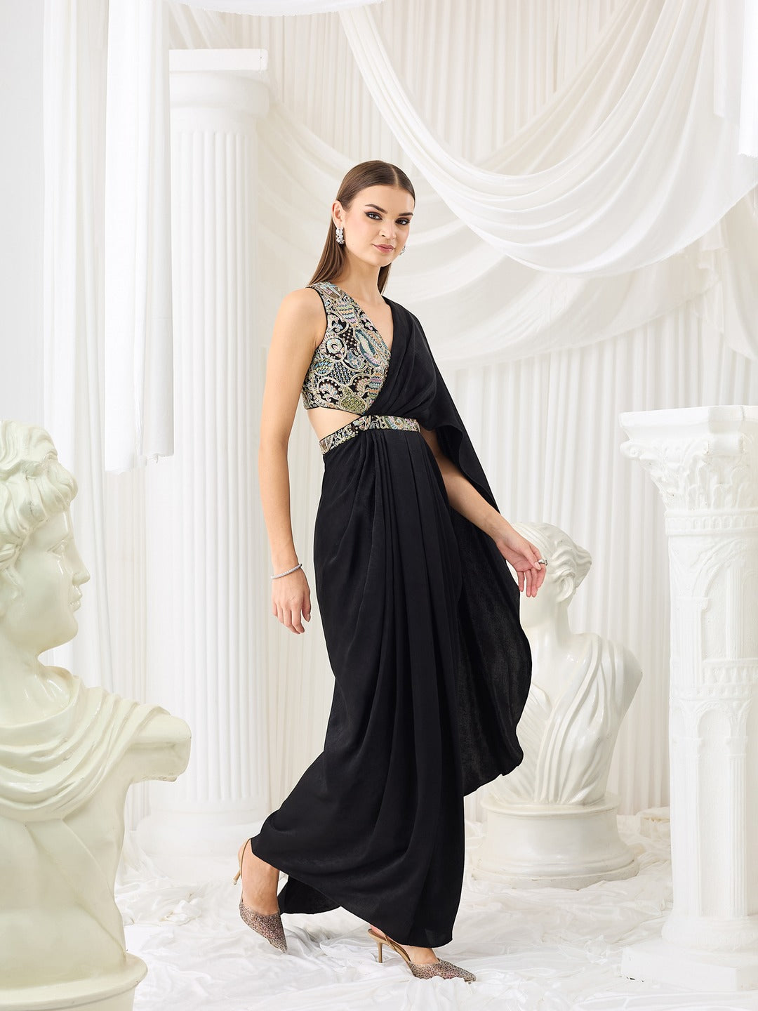 Black V-Neck Asymmetric Embroidered Draped Satin Maxi Dress for Women