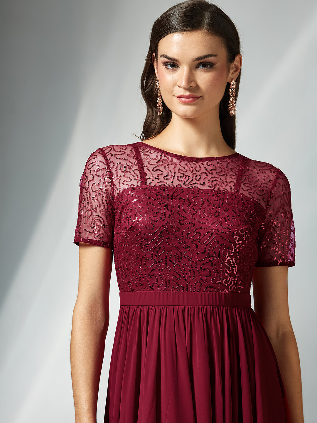 Maroon Relaxed Fit Maxi Georgette & Sequins Dress for Women