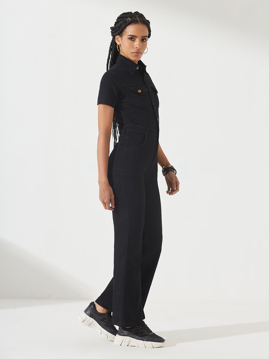 Black Flared High-Rise Stretchable Denim Jumpsuit for Women — Dolce Crudo
