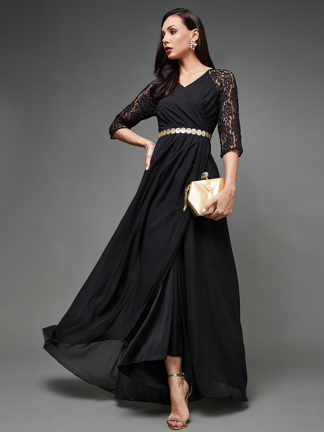 Black Long Sleeves Lace Fit and Flare Gown with Sequinned Golden Belt