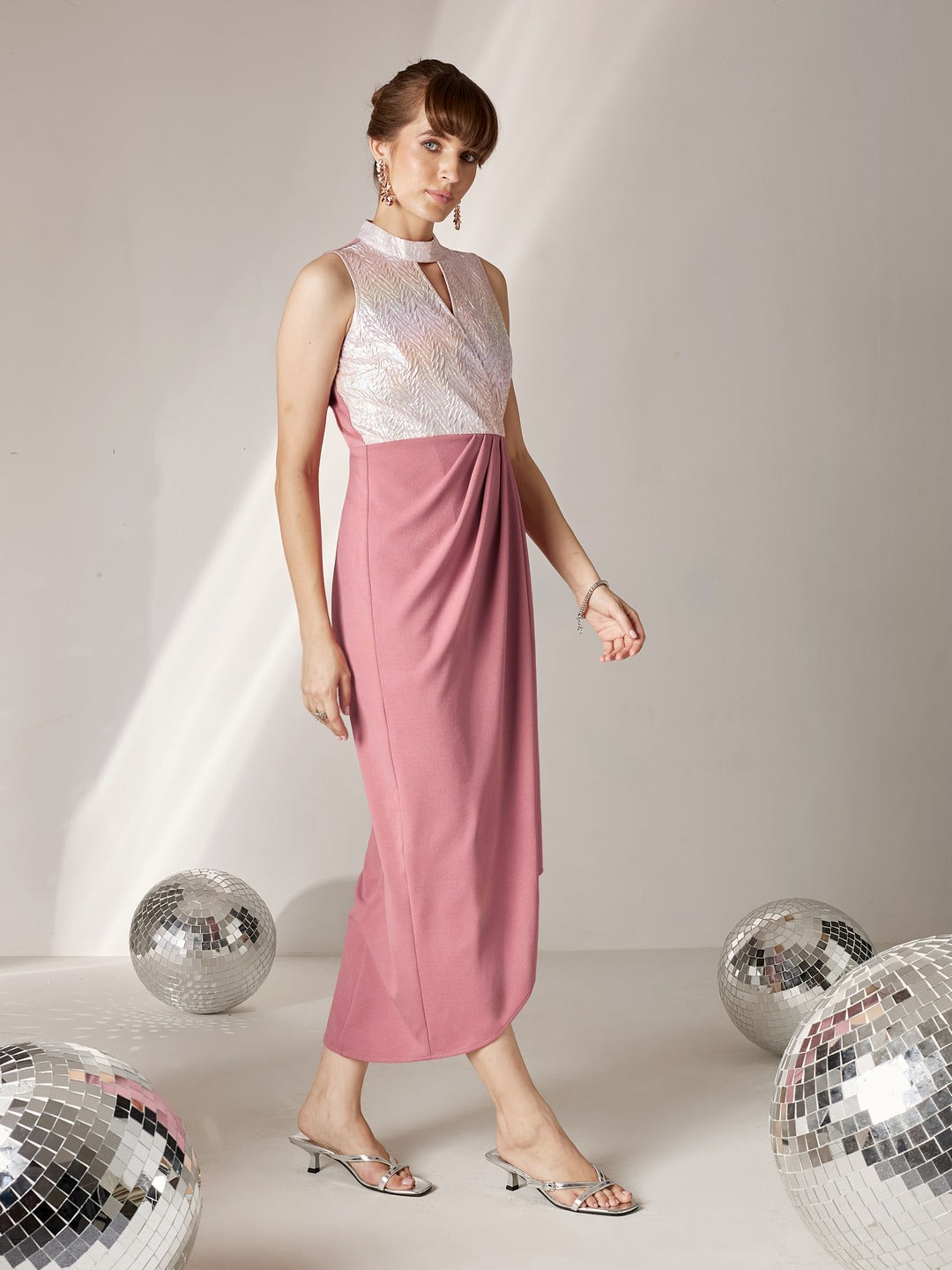 Dusty Pink Halter-Neck Sleeveless Self Designed Draped Polyester Midi Dress for Women