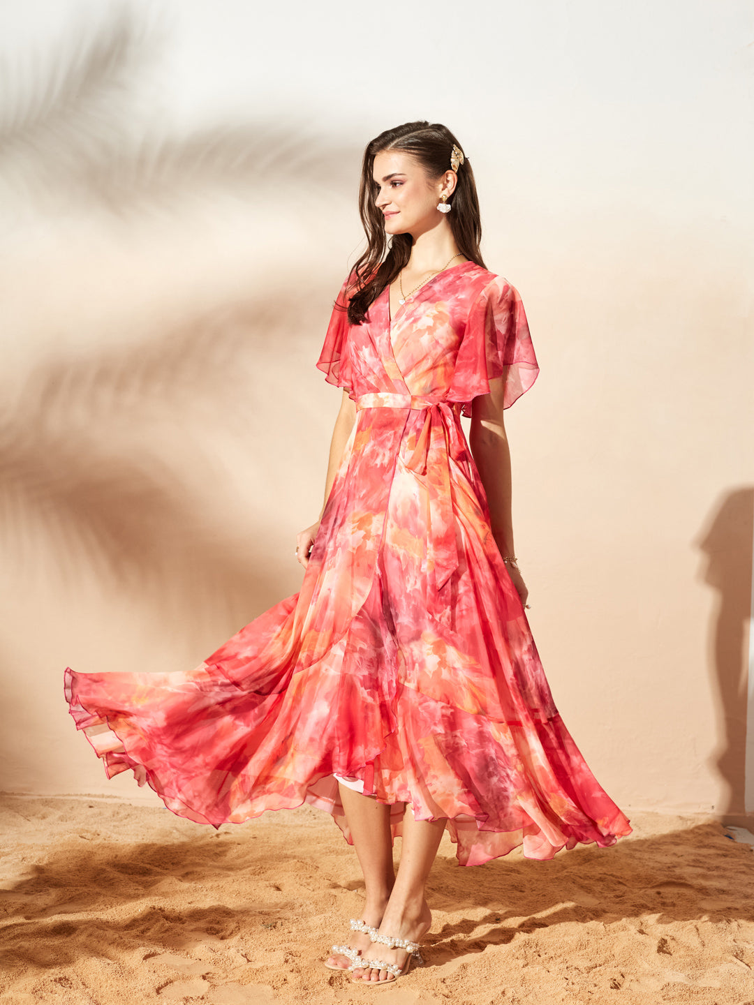 Flame Orange And Pink V-Neck Flared Abstract Overlap/Tie-Up Maxi Chiffon Dress for Women