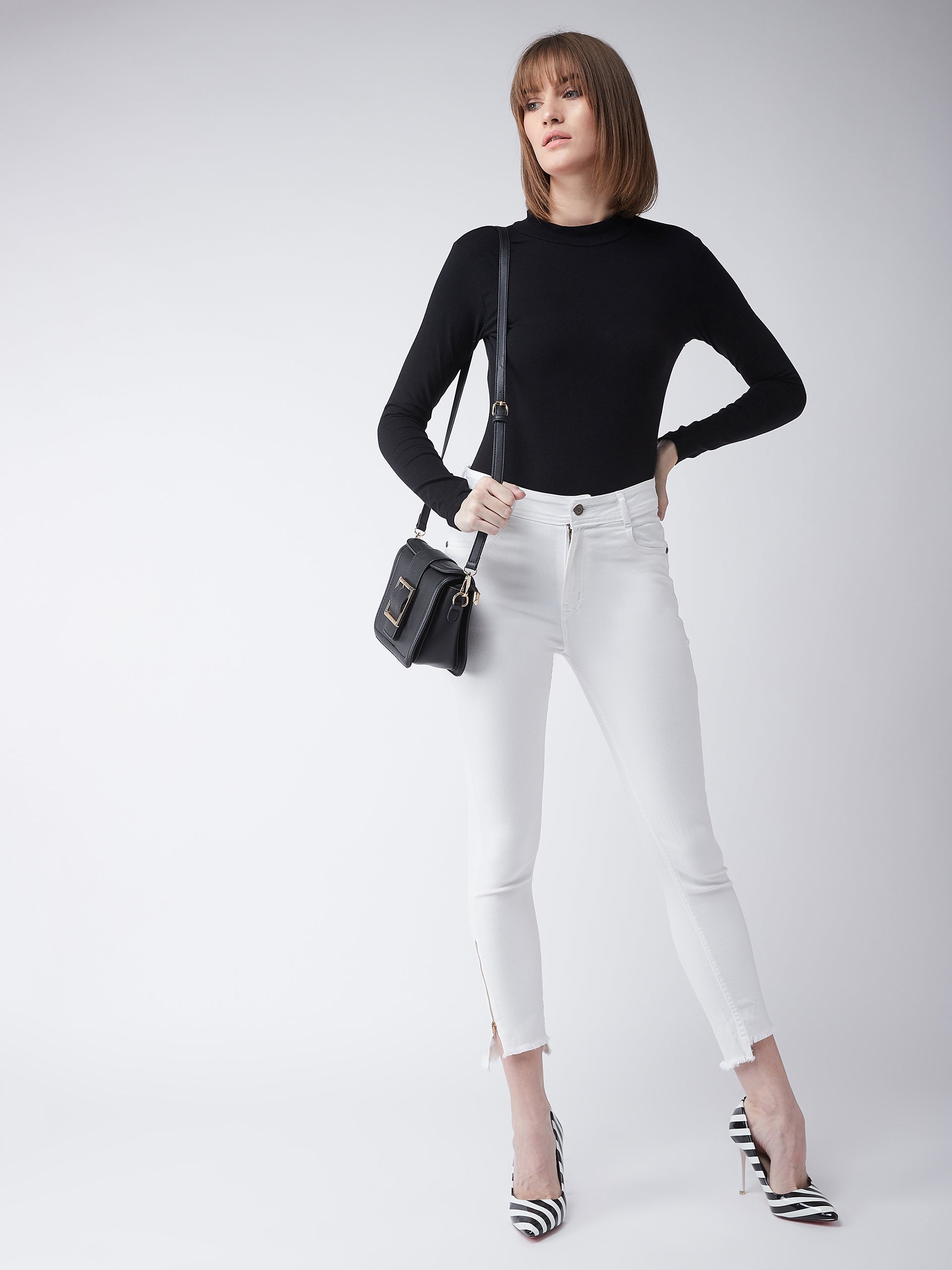 Women's White Skinny-Fit High-Rise Side-Slit Raw Edge Detailing Clean-Look Cropped Stretchable Denim Jeans