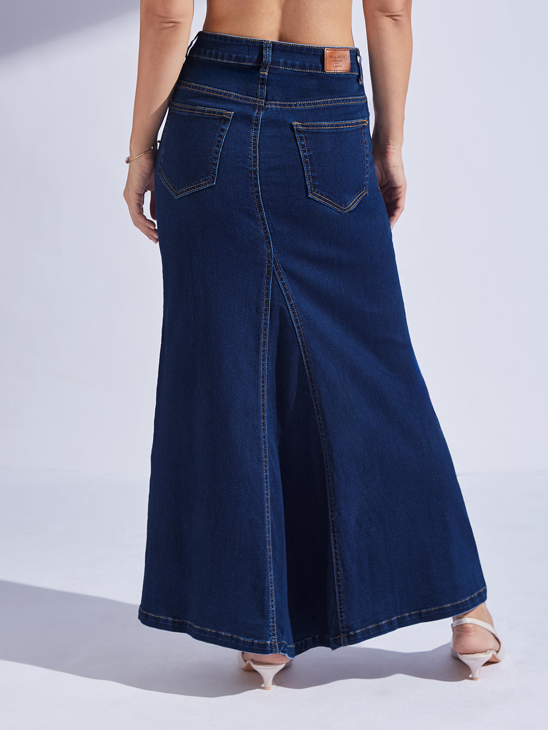 Women's Dark Blue Flared High-Rise Clean-Look Stretchable Denim Maxi Skirt