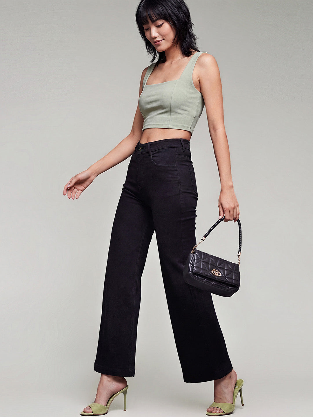 Black Wide Leg High Rise Stretchable Denim Jeans for Women