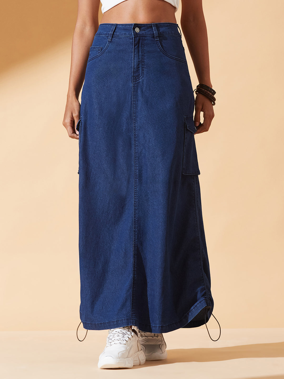Navy-Blue Baggy High-Rise Ruched Parachute Stretchable Denim Midi Skirt for Women