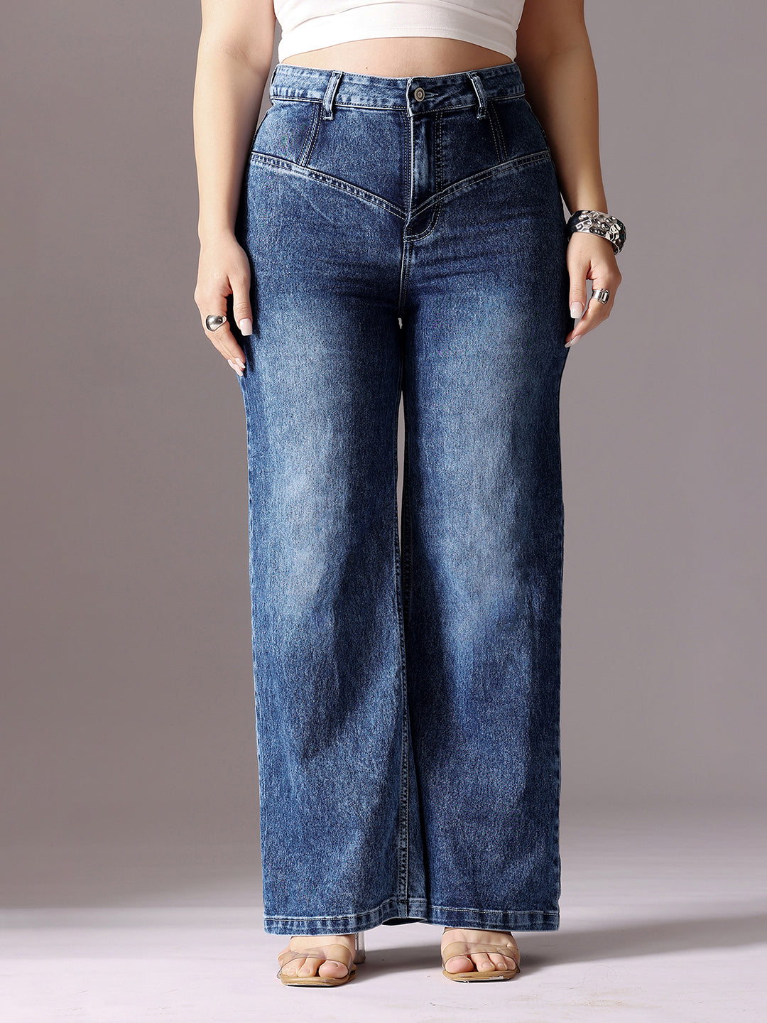 CHASEshape™ Mid-Blue Wide-Leg High-Rise Clean-Look Stretchable Denim Jeans
