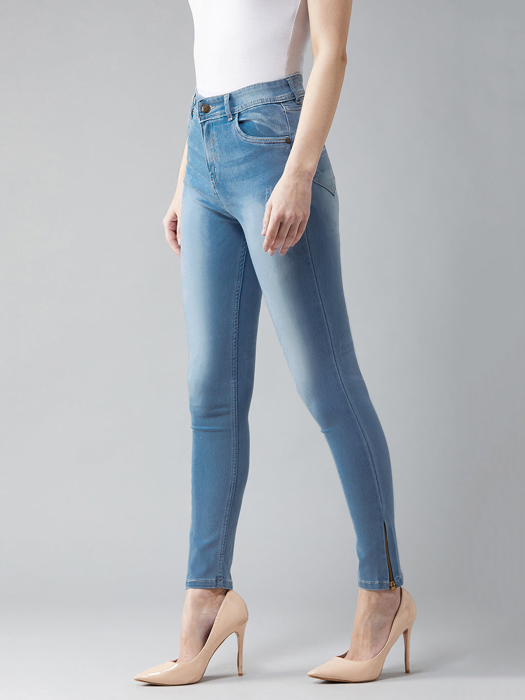 Women's Blue Skinny-Fit High-Rise Zipper Detailing Scraped Stretchable Denim Jeans