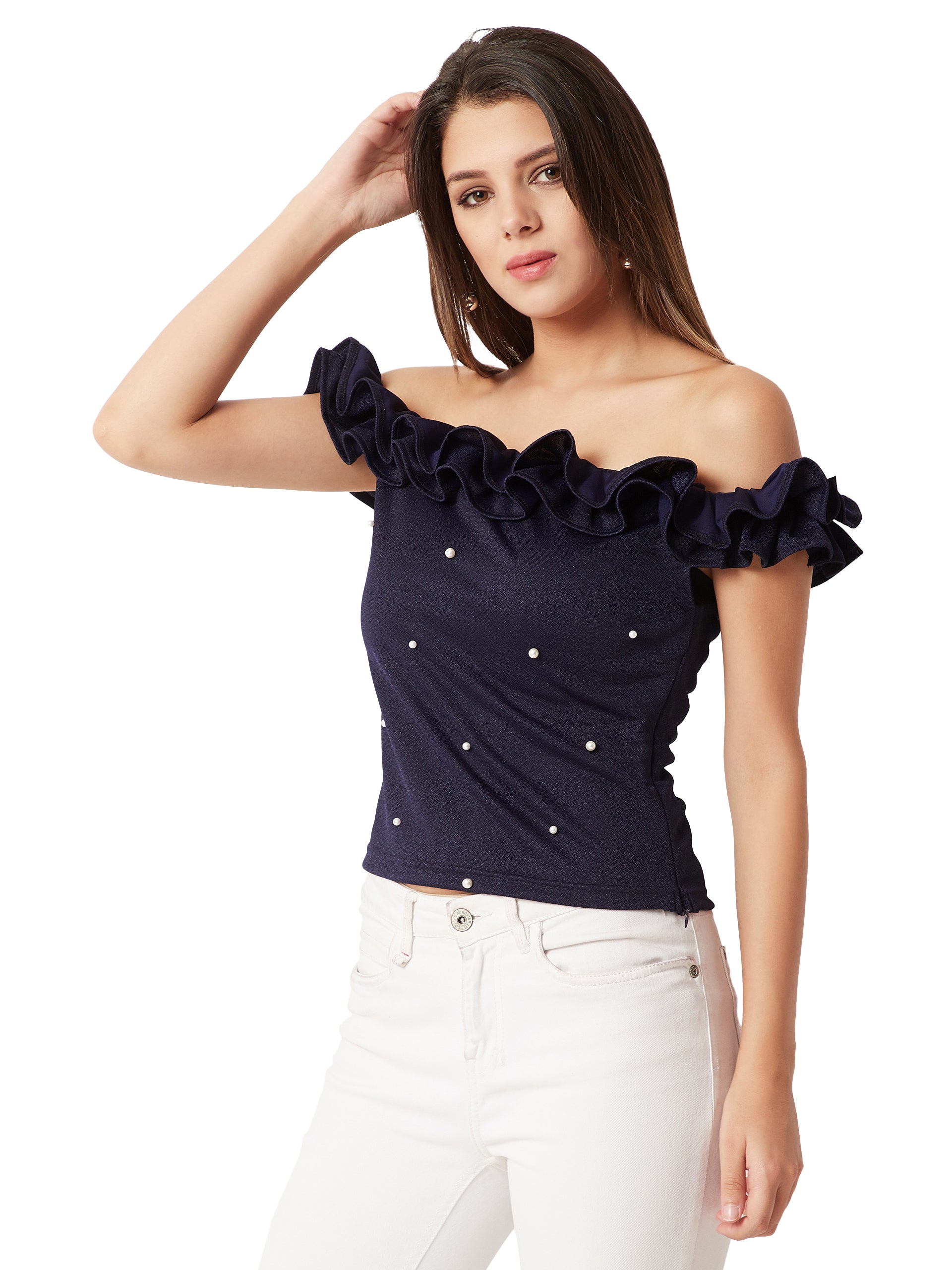 Women's Navy Blue Off-Shoulder Sleeveless Solid Pearl Detailing Ruffled Bardot Style Top