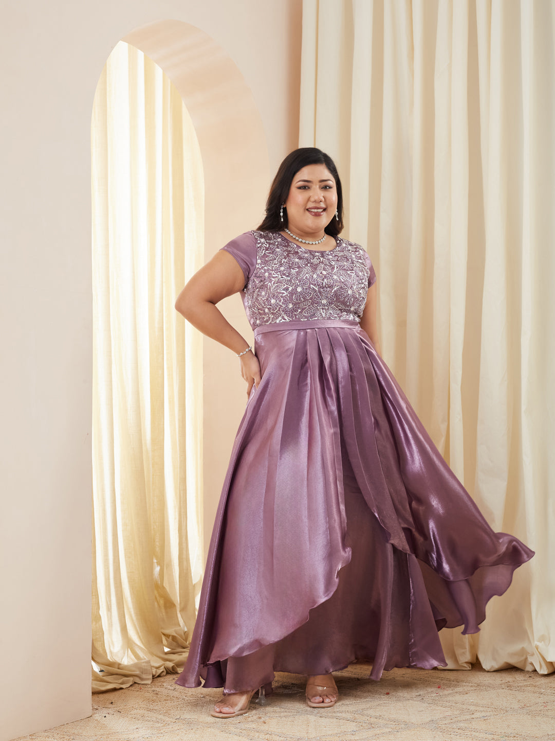 Embroidered Gown in Dusty Purple Layered Premium Satin for Women