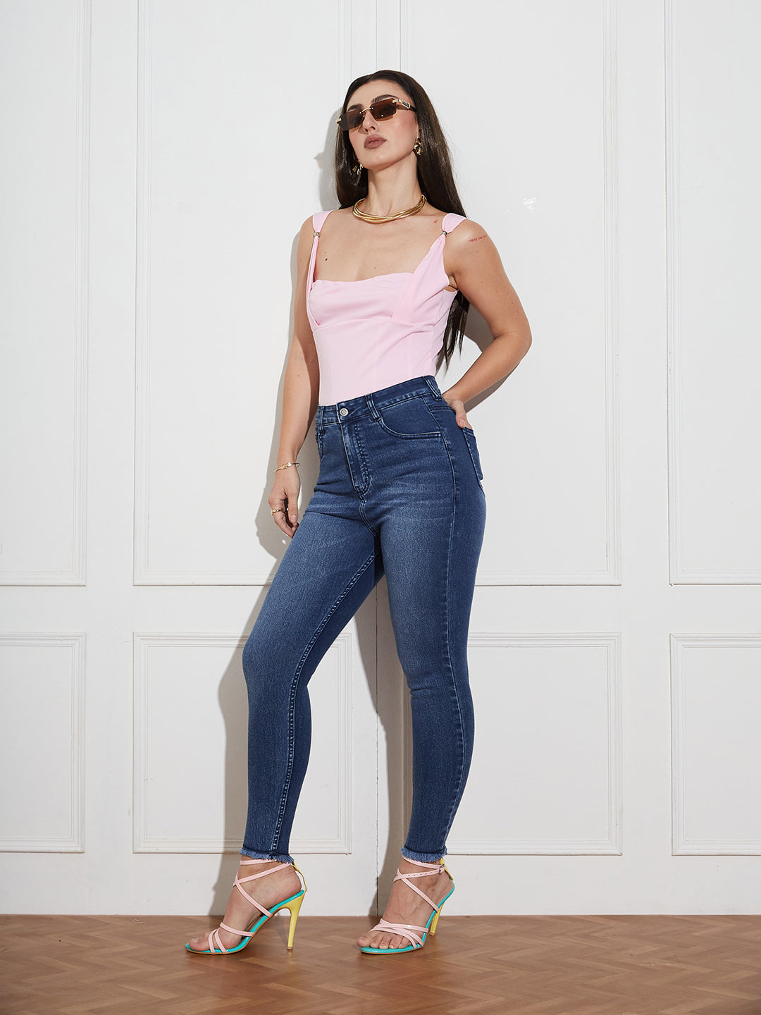 Women's Navy Blue High Rise Clean Look Cropped Stretchable Denim Skinny Jeans