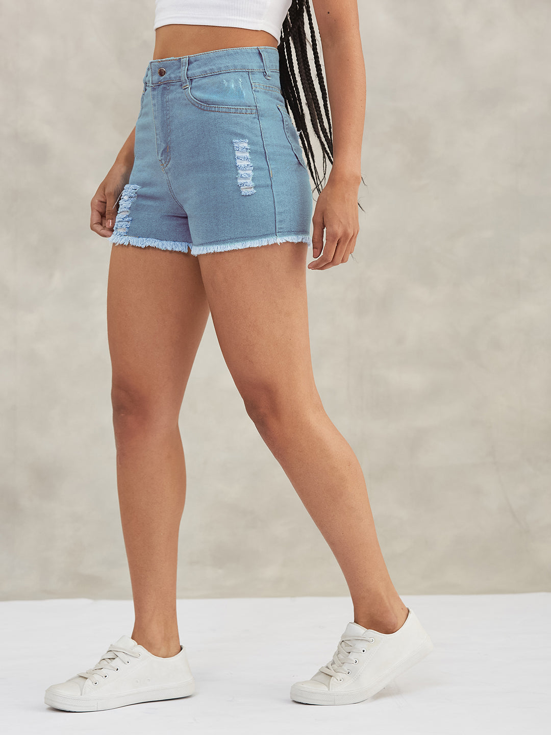 Women's Blue Relaxed-Fit High-Distress Mid-Rise Ripped Denim Shorts