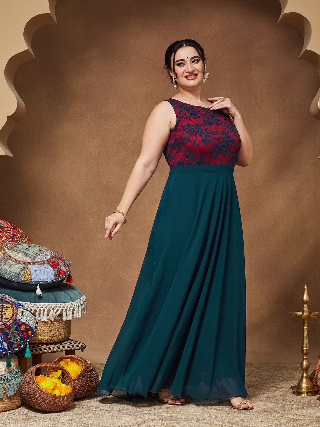 Teal Round Neck Sleeveless Georgette & Lace Floral Fit & Flare Maxi Dress for Women — Miss Chase A+