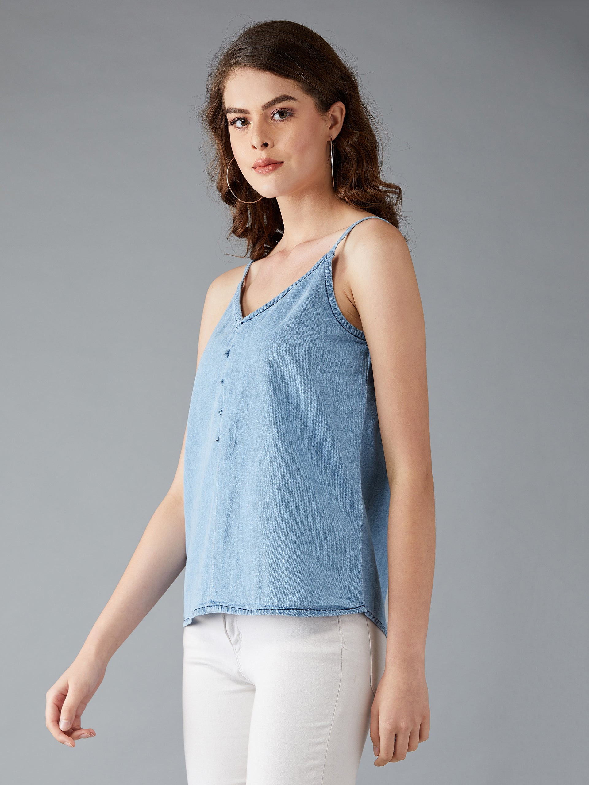 Women's Light Blue V Neck Sleeveless Cotton Solid Denim Spaghetti Top