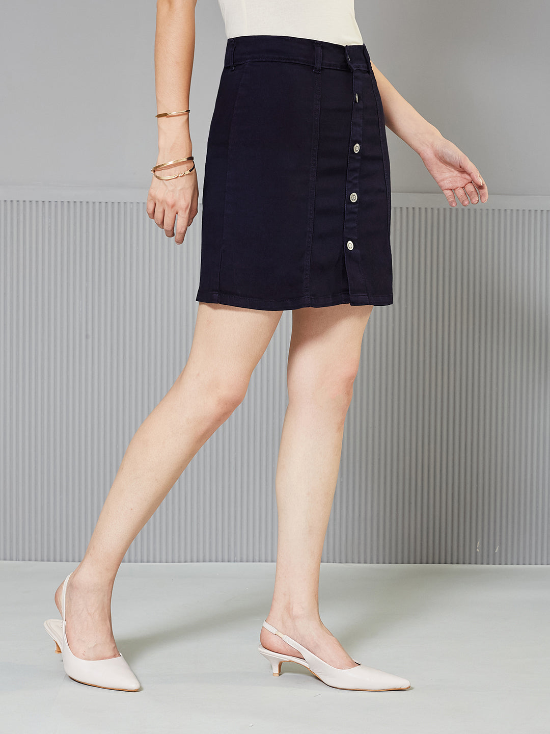 Navy-Blue Stretchable Solid A-line Mini Denim Skirt for Women — Miss Chase
