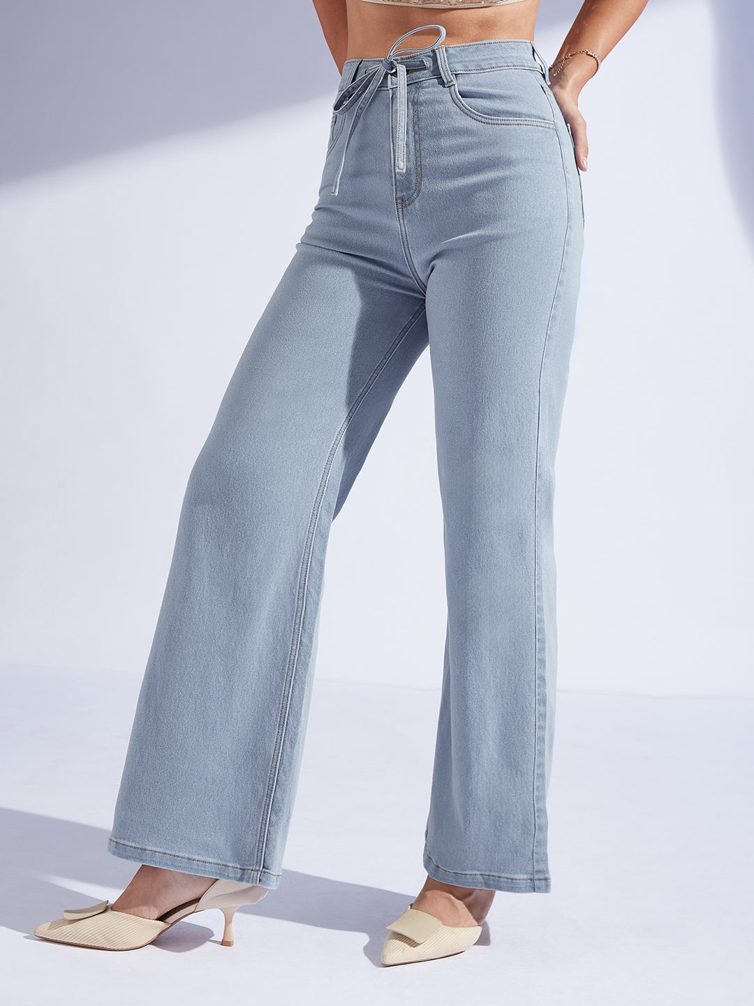 Women's Light Blue High-Rise Wide Leg Stretch Denim Jeans with Tie-Up Waist