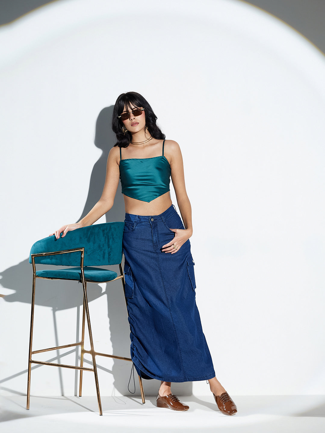 Navy Blue Baggy High-Rise Ruched Parachute Stretchable Denim Midi Skirt For Women