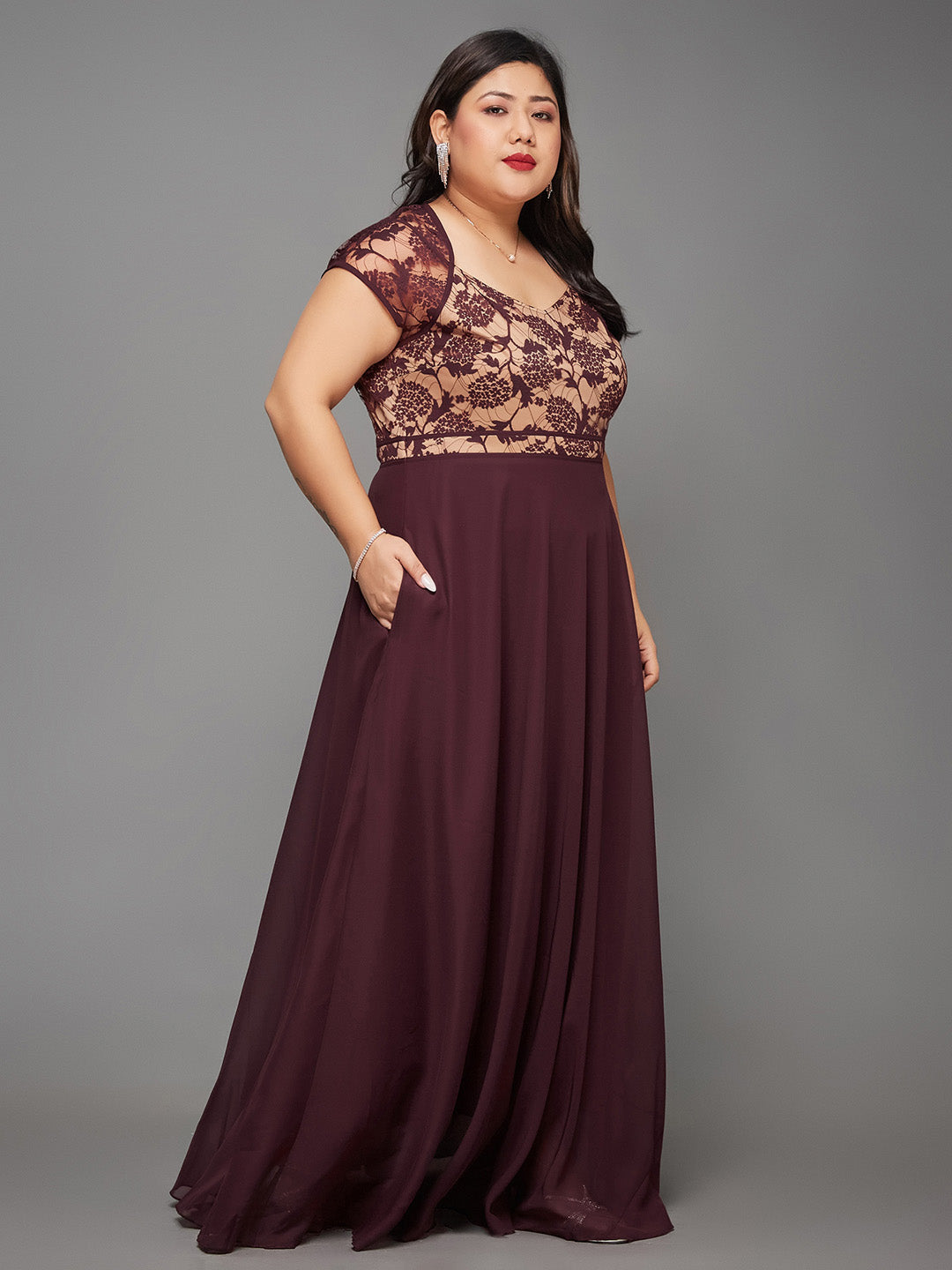 Body Bliss Wine & Beige Floral Lace Overlaid Fit & Flare Paneled Maxi Dress