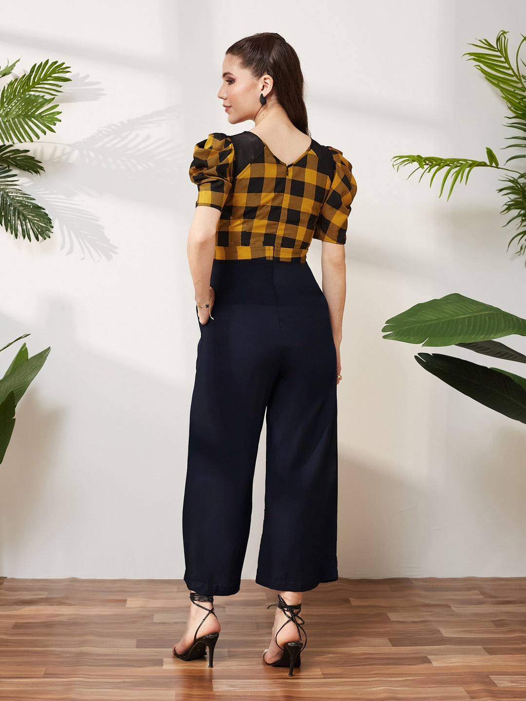 Black & Mustard Round Neck Cowl Sleeve Checkered Wide-leg Viscose-Rayon Regular Length Jumpsuit for Women