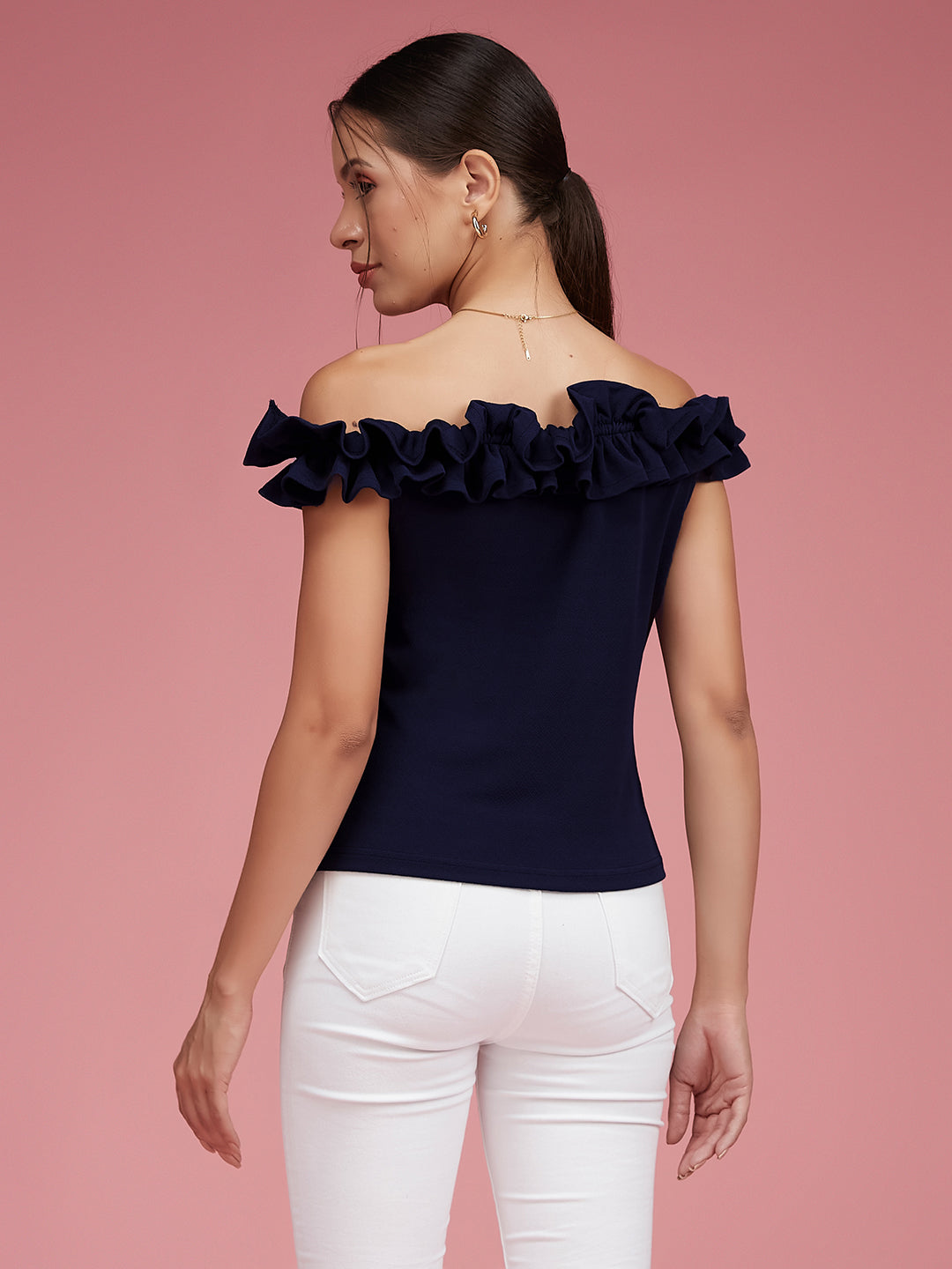 Women's Navy Blue Off Shoulder Sleeveless Solid Ruffled Frilled Gathered Bardot Top