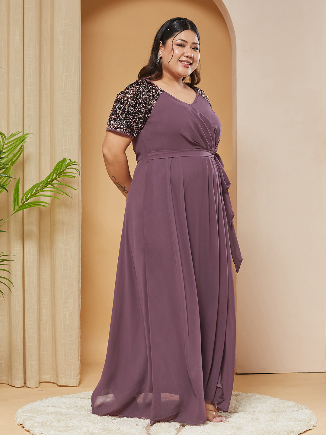 Mauve Relaxed Fit Maxi Georgette Dress for Women