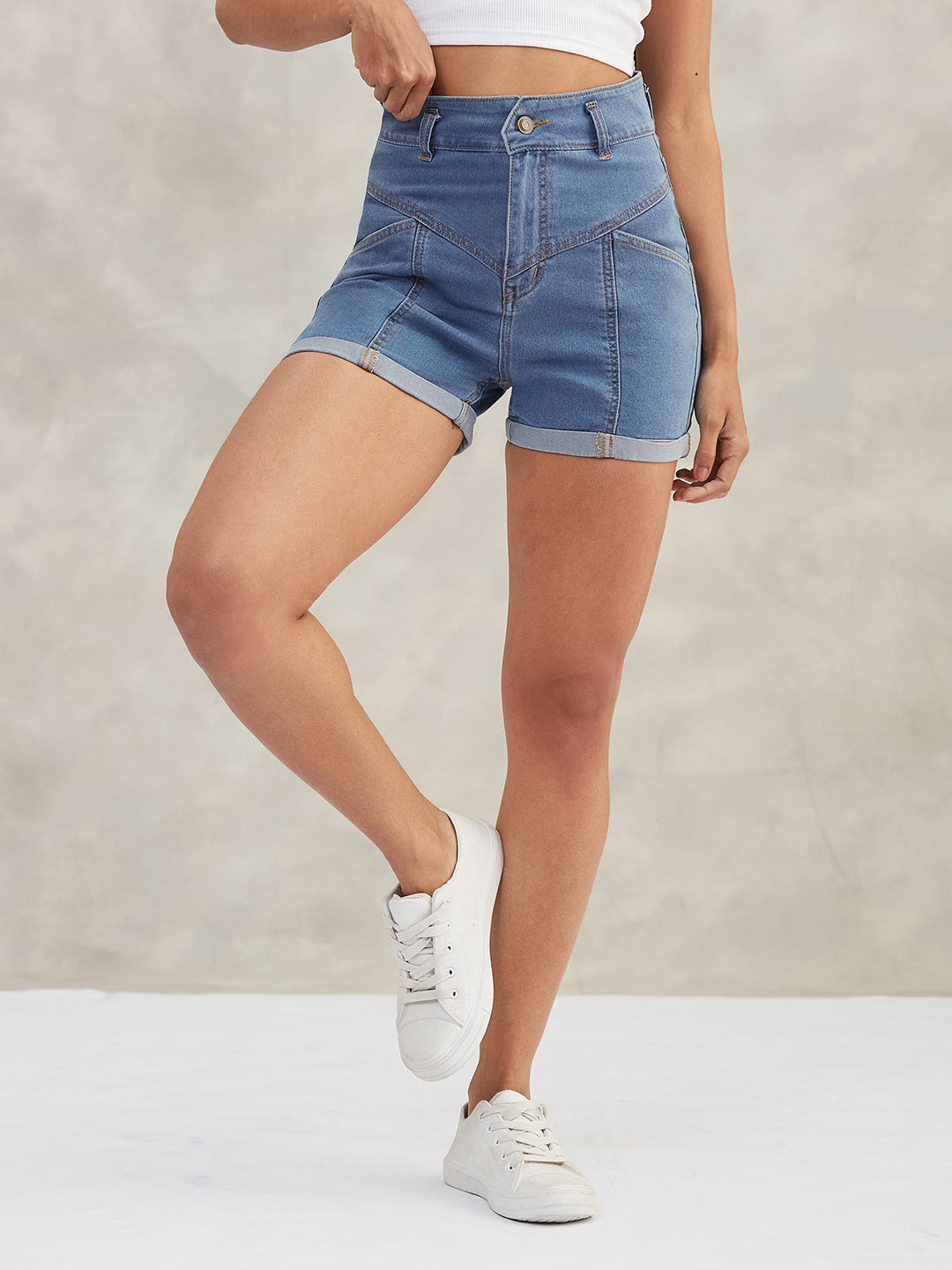 Women's Blue Relaxed-Fit High-Rise Stretchable Blue Denim Shorts