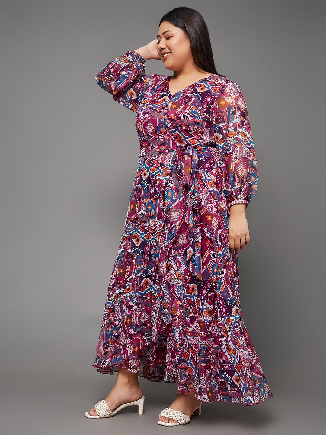 Body Bliss Multicolored Geometric Patterned Wrap Midi Chiffon Dress for Women