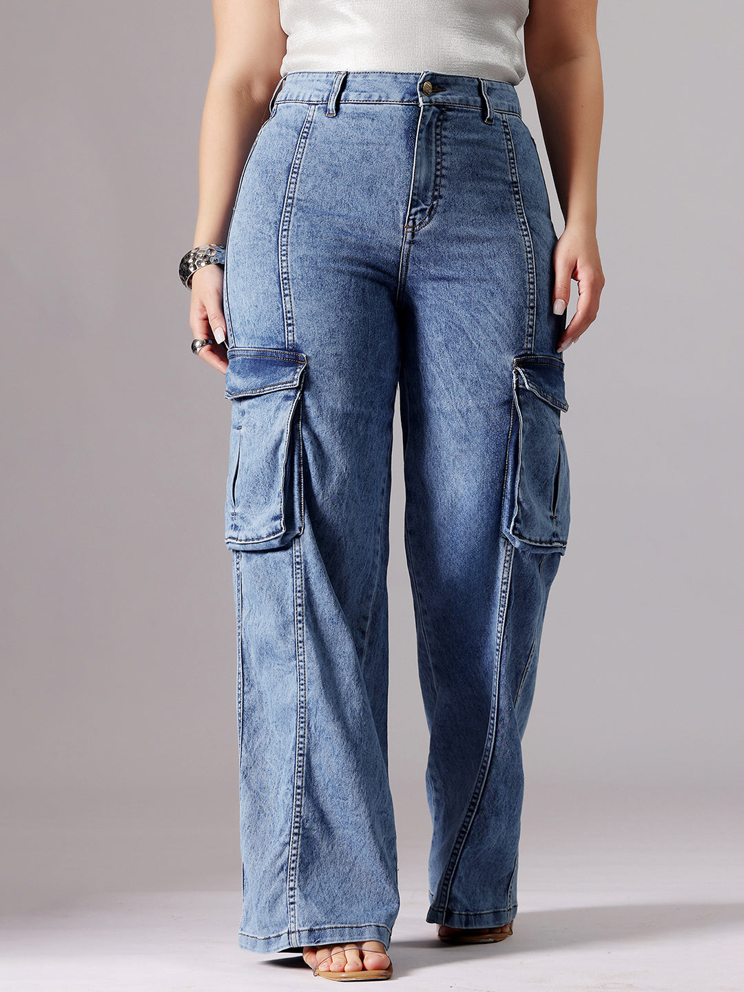 24/7 Comfort Blue Wide-Leg High-Rise Clean-Look Regular-Length Stretchable Patch-Pocketed Denim Jeans