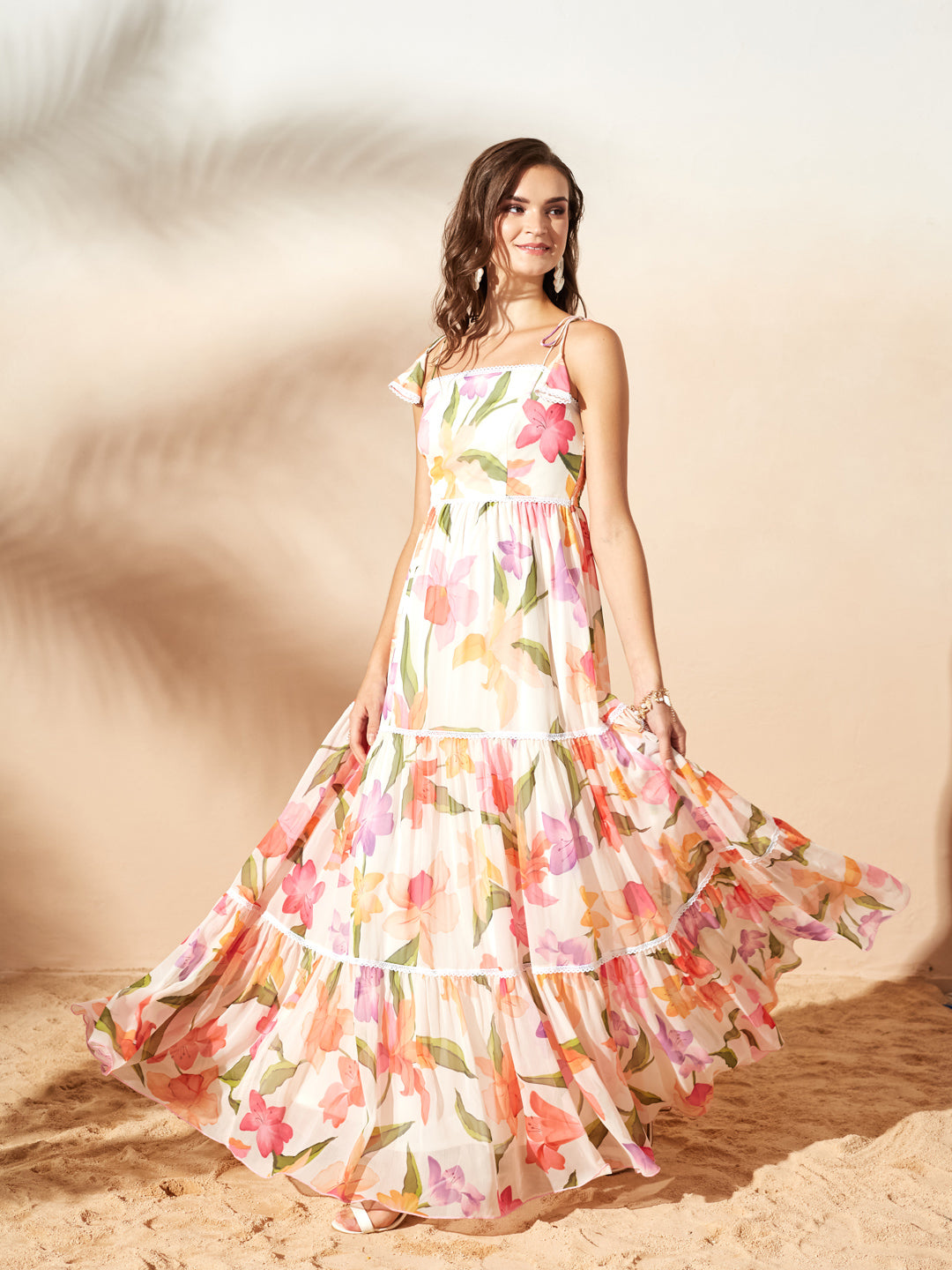 Green & Orange Shoulder Tie-Up Floral Tiered Maxi Chiffon Dress for Women