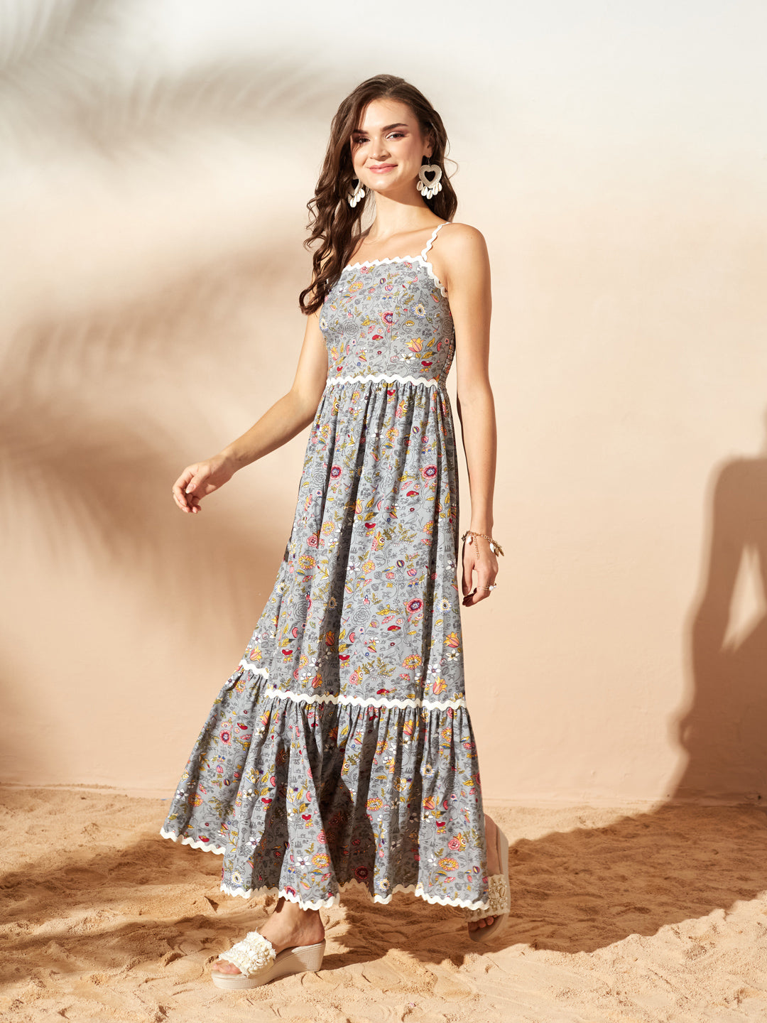 Grey Bohemian Multicolored Tiered Maxi Dress with Square Neck and Smocked Back for Women