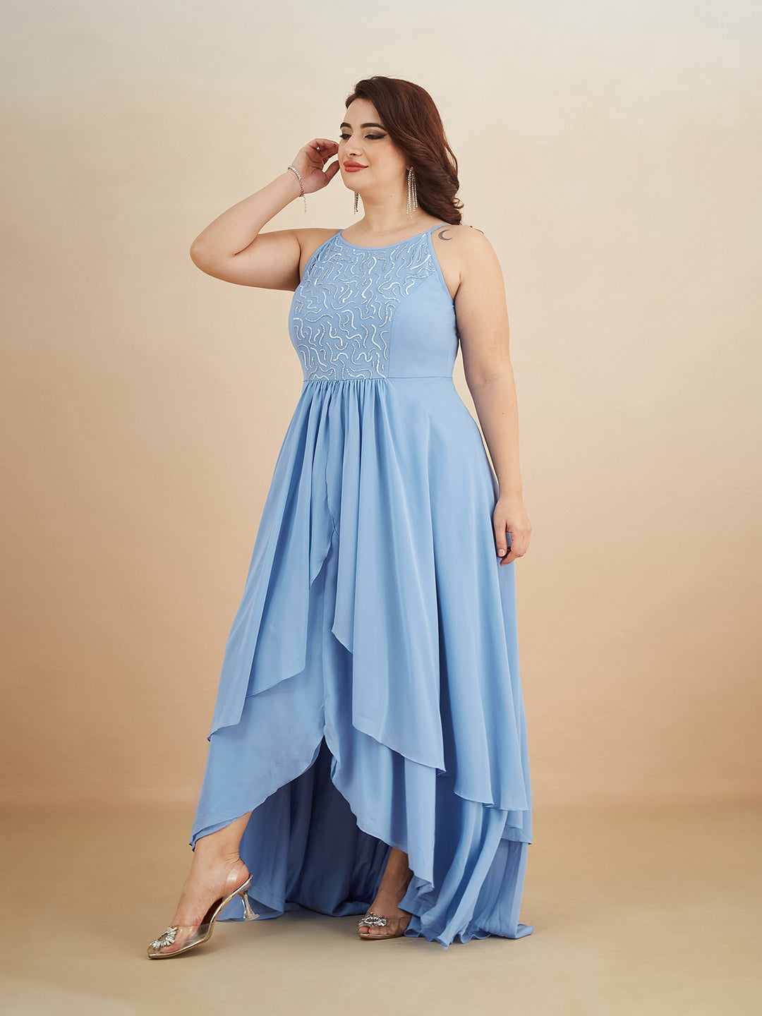Powder Blue Halter-Neck Sleeveless Embroidered Layered Georgette Maxi Dress for Women
