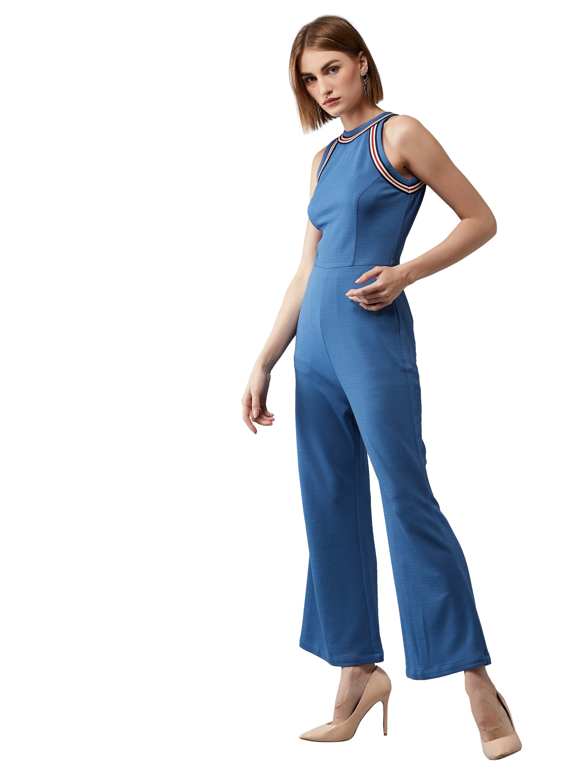 Women's Azure Blue Halter Neck Sleeveless Polyknitted Solid Straight Leg Regular Length Jumpsuit