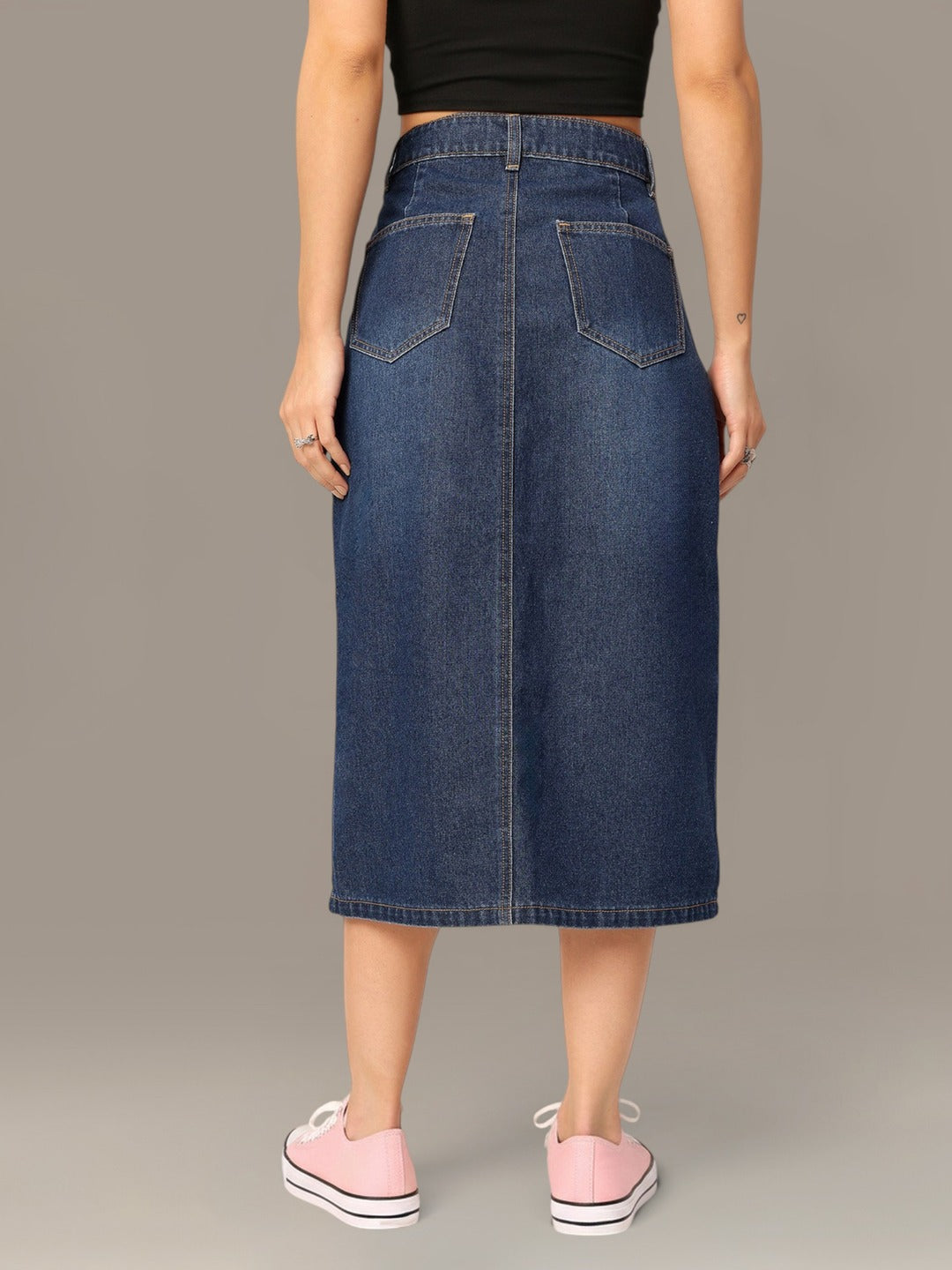 Dark Blue A-Line High-Rise Non-stretchable Denim Midi Skirt for Women