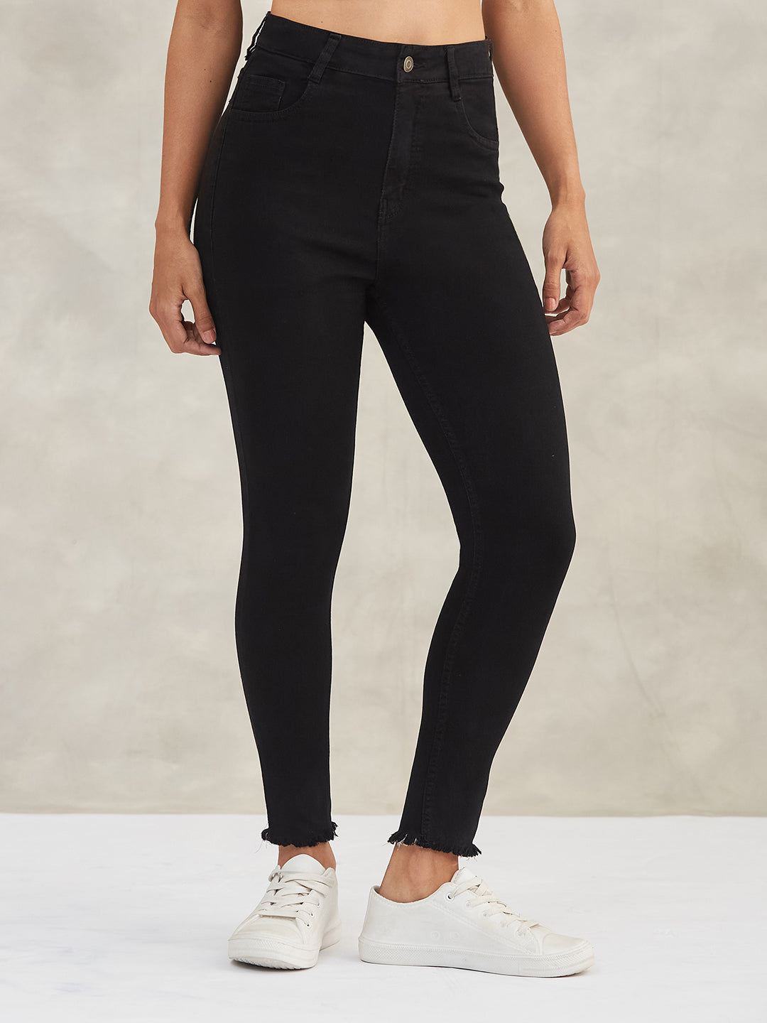 Women's Black Skinny Fringe-Detailing High-Rise Solid Cropped Stretchable Denim Jeans