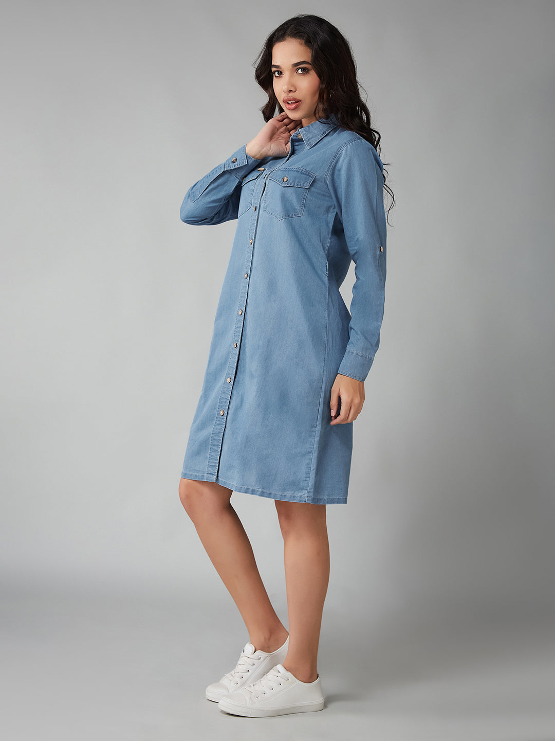 Women's Blue Relaxed Fit Clean Look Above Knee Denim Dress