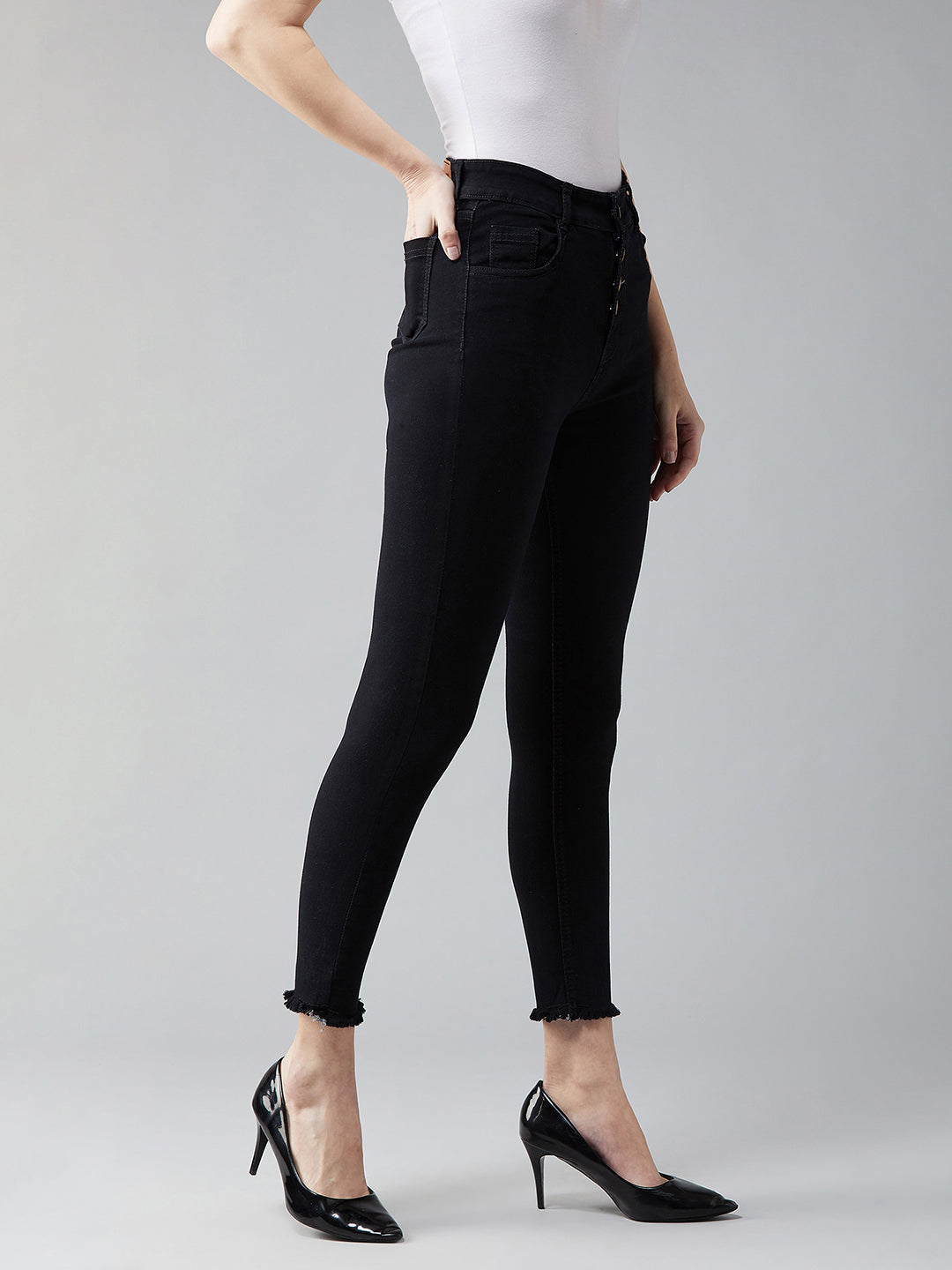 24/7 Comfort Black Skinny High-Rise Cropped Fringed Hemline Stretchable Denim Jeans