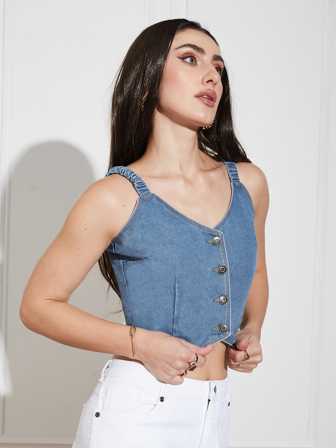 Womens Mid Blue V Neck Elasticated Straps Sleeve Solid Waistcoat-Styled Cropped Denim Top
