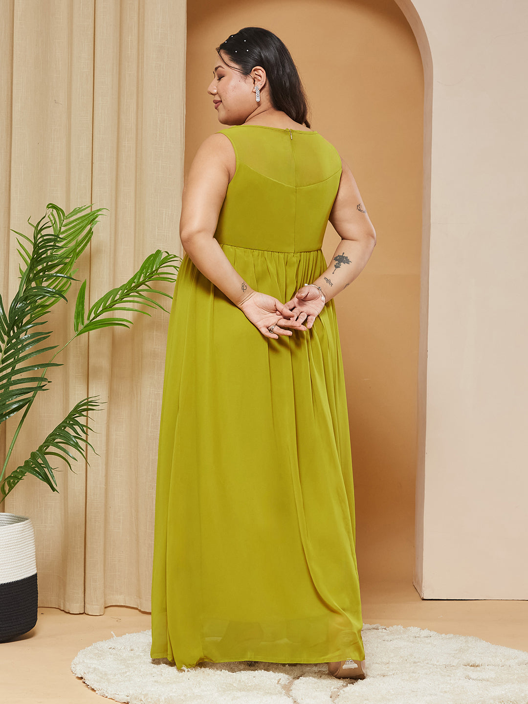 Lemon Green Boat-Neck-Sleevesless Embroidered Georgette Gathered Maxi Dress for Women
