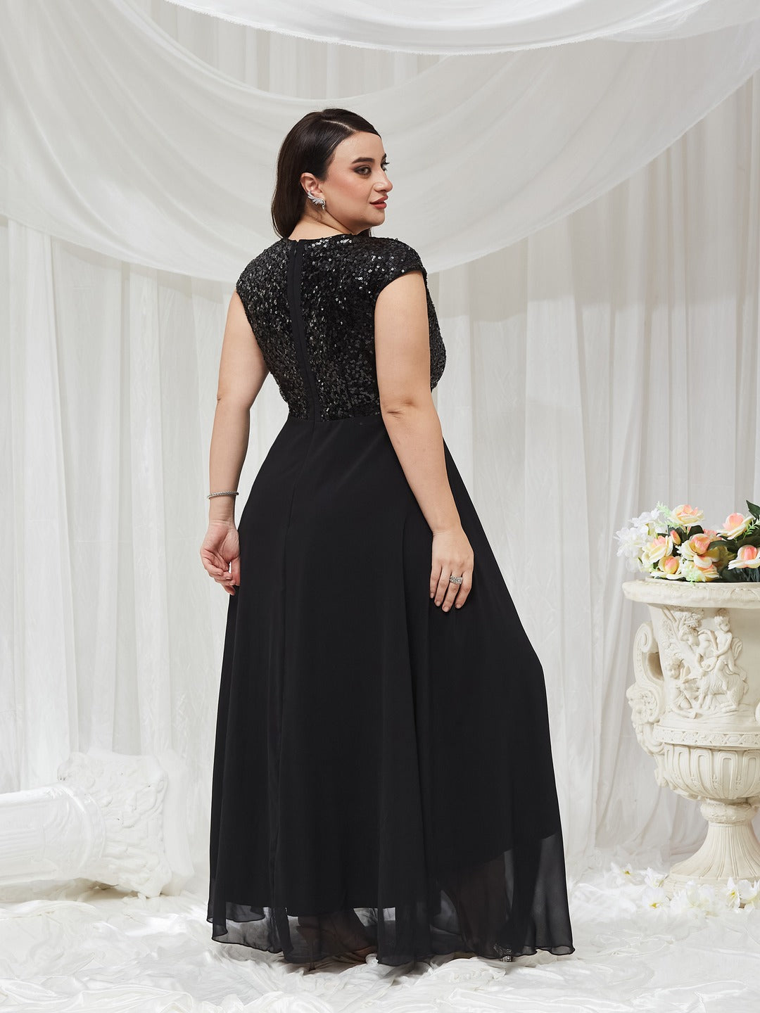 Black V-Neck Cap Sleeved Solid Wrap Maxi Dress for Women — Miss Chase A+